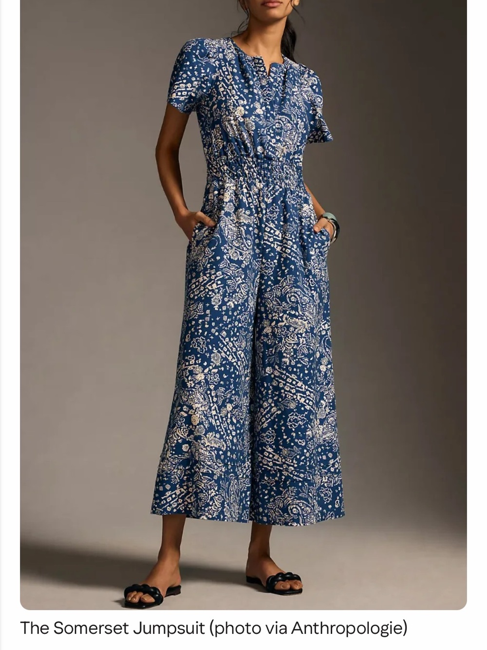 Anthropologie The Somerset Wide Leg Jumpsuit Blue White Floral L Short Sleeve - Picture 1 of 16